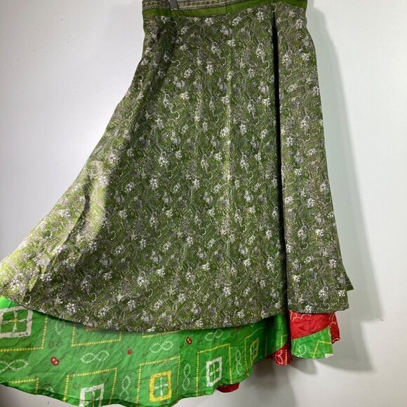 Womens Kariza Vintage Silk Magic Sari Wrap Skirt Dress Green Red Pattern One Siz - Picture 5 of 10